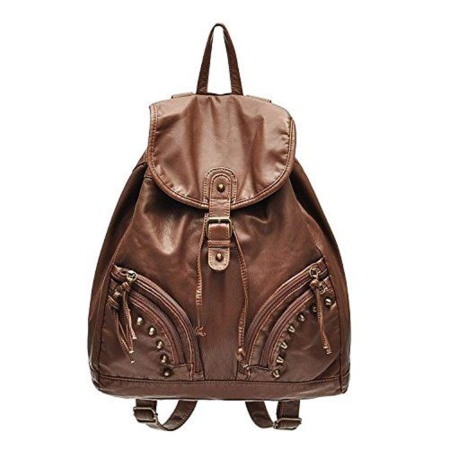  New Wayzon Brown Soft PU Leather Women Backpack with Zipper Rivet Decoration PU Schoolbag Travelling Bag for Girls