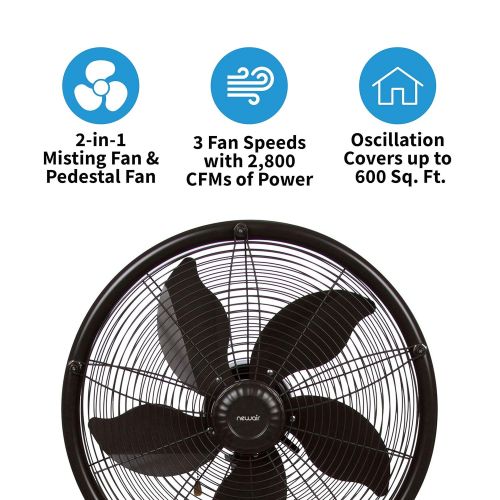  NewAir Outdoor Misting Fan Oscillating Pedestal Fan with Three Gentle Mist Nozzles, AF-520B, Black