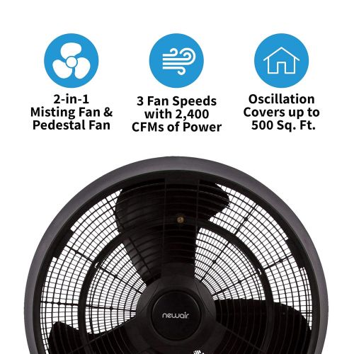  NewAir Outdoor Misting Fan Oscillating Pedestal Fan with Three Gentle Mist Nozzles, AF-520B, Black