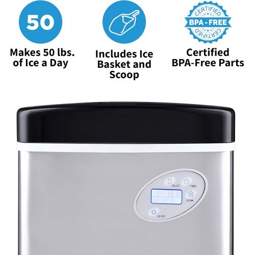  NewAir Portable Ice Maker 50 lb. Daily, 12 Cubes in Under 7 Minutes - Compact Countertop Design - 3 Size Bullet Shaped Ice - For Kitchen/Office/RV/Bar - Stainless Steel - AI-215SS