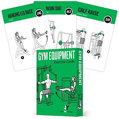  NewMe Fitness Gym Equipment Exercise Cards, Set of 62 - Guided Workouts for Strength & Cardio :: Illustrated Fitness Cards with 50 Exercises, for Men & Women :: Large, Durable, Waterproof