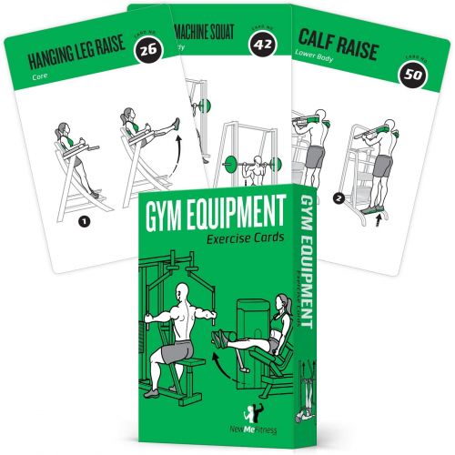  NewMe Fitness Gym Equipment Exercise Cards, Set of 62 - Guided Workouts for Strength & Cardio :: Illustrated Fitness Cards with 50 Exercises, for Men & Women :: Large, Durable, Waterproof