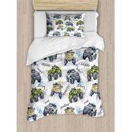 NewThangKa Girls Boys Child Twin Bed Sheet Sets, Cars Duvet Cover Set, Hand Drawn Watercolored Monster Trucks Enormous Wheels Off Road Lifestyle, Include 1 Duvet Cover 1 Bed Sheet