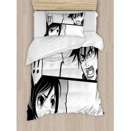 NewThangKa Full Bedding Sheet Sets, Anime Duvet Cover 4 Pieces Set, Japanese Comics Strip with Boy and Girl Fight Scene Manga Image Cartoon Print, Include 1 Duvet Cover 1 Bed Sheet