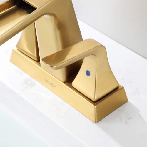  NEWATER Two-Handle Waterfall Centerset Three Hole Bathroom Sink Faucet with Pop Up Drain & Supply Lines Lavatory Faucet Mixer Tap Deck Mounted，Brushed Gold