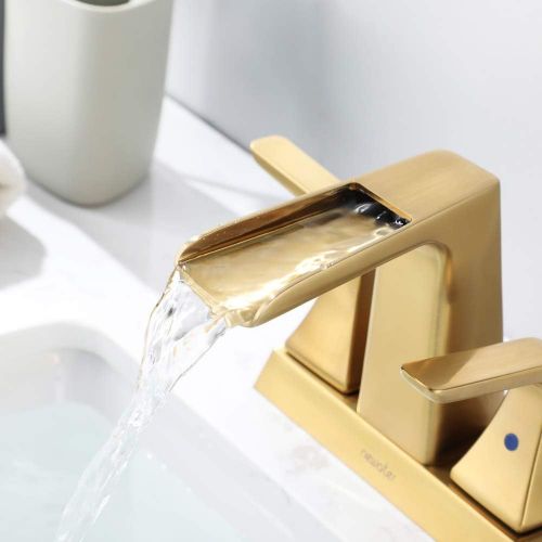  NEWATER Two-Handle Waterfall Centerset Three Hole Bathroom Sink Faucet with Pop Up Drain & Supply Lines Lavatory Faucet Mixer Tap Deck Mounted，Brushed Gold