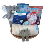 Newborn Elephant Baby Gift Basket for Baby Boy or Girl with Muslin Blanket, Growth Chart, Socks (Blue)