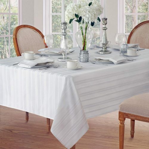  Newbridge Satin Stripe Weave No-Iron Soil Resistant Fabric Tablecloth, 60 X 120 Oblong, White