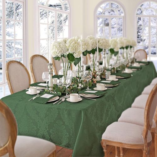  Newbridge Barcelona Luxury Damask Fabric Tablecloth, 100% Polyester, No Iron, Soil Resistant Holiday Tablecloth, 60 Inch x 102 Inch Oblong/Rectangle, Hunter Green