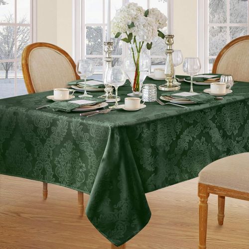  Newbridge Barcelona Luxury Damask Fabric Tablecloth, 100% Polyester, No Iron, Soil Resistant Holiday Tablecloth, 60 Inch x 102 Inch Oblong/Rectangle, Hunter Green