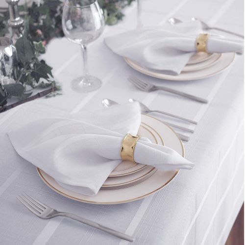  Elegance Plaid Contemporary Woven Solid Decorative Tablecloth by Newbridge, Polyester, No Iron, Soil Resistant Holiday Tablecloth, 60 X 144 Oblong, White