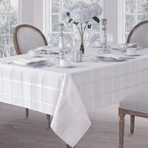  Elegance Plaid Contemporary Woven Solid Decorative Tablecloth by Newbridge, Polyester, No Iron, Soil Resistant Holiday Tablecloth, 60 X 144 Oblong, White