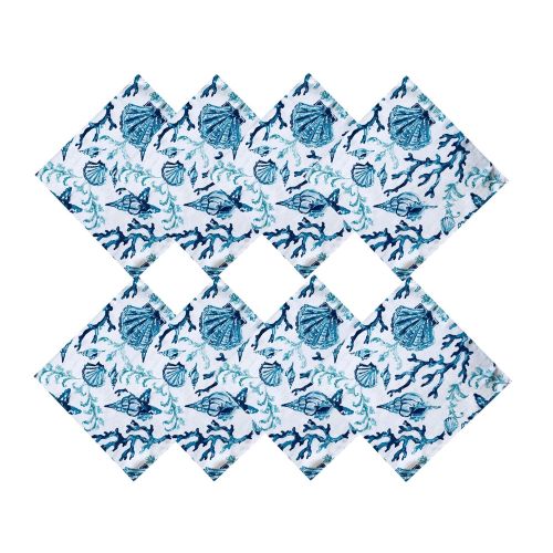  Newbridge Blue Lyra Coral Reef Summer and Spring Indoor/Outdoor Soil Resistant and Water Repellent Fabric - Patio, Picnic, BBQ, Kitchen Napkins, Set of 8 Napkins