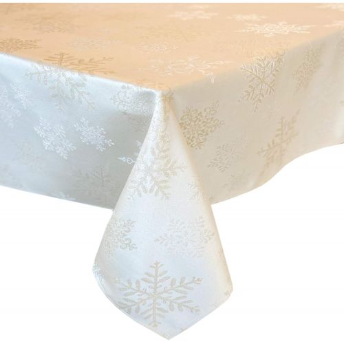  Newbridge Metallic Snowflake Christmas No Iron Soil Resistant Fabric Holiday Tablecloth, Ivory/Gold (60 x 84 Oval, Ivory Gold)