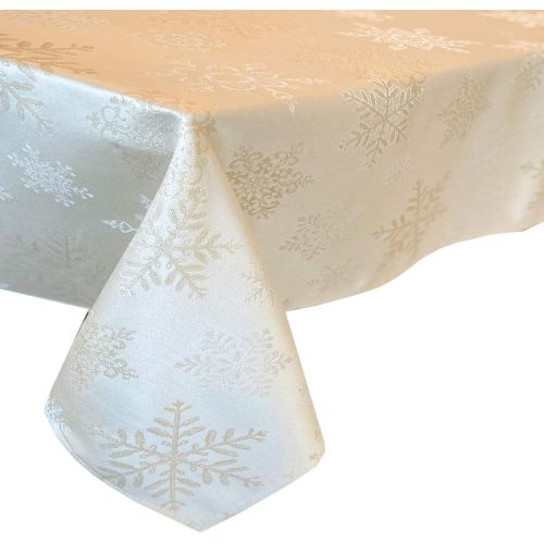  Newbridge Metallic Snowflake Christmas No Iron Soil Resistant Fabric Holiday Tablecloth, Ivory/Gold (60 x 84 Oval, Ivory Gold)