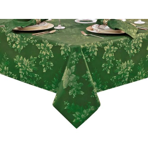  Newbridge Metallic Holiday Poinsettia Damask Christmas Holiday Tablecloth 60 x 102 Inch Oblong/Rectangle, Hunter/Gold