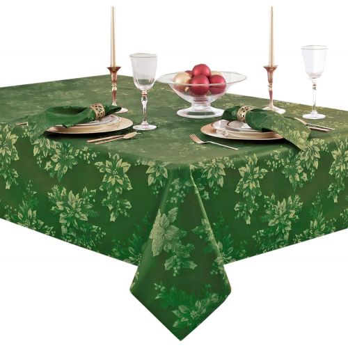  Newbridge Metallic Holiday Poinsettia Damask Christmas Holiday Tablecloth 60 x 102 Inch Oblong/Rectangle, Hunter/Gold