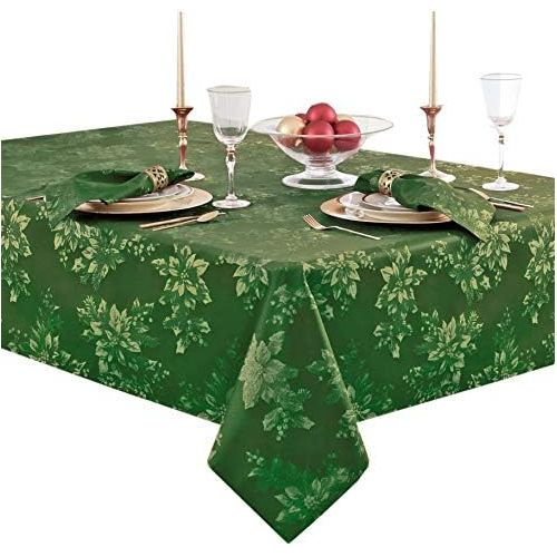  Newbridge Metallic Holiday Poinsettia Damask Christmas Holiday Tablecloth 60 x 84 Inch Oblong/Rectangle, Hunter/Gold