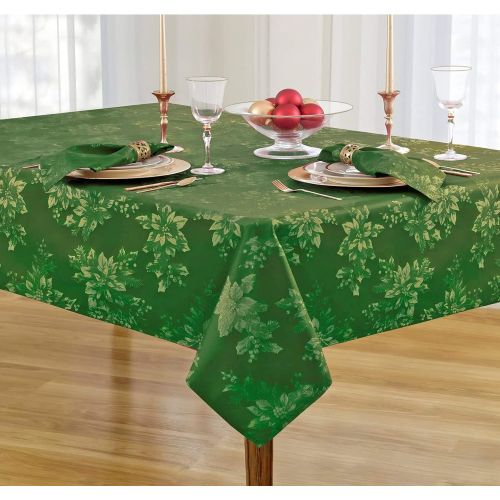  Newbridge Metallic Holiday Poinsettia Damask Christmas Holiday Tablecloth 60 x 84 Inch Oblong/Rectangle, Hunter/Gold