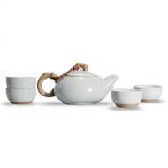 Newchinaroad Ru ware antique tea set (including filter)-100% Chinese ceramic Kungfu tea set-1 teapot & 4 teacups (5pcs) (Moon white)