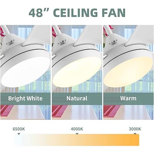  Newday 48-in Ceiling Fan with Lights and Remote, White Ceiling Fan with 4 Reversible Blades, Quit Motor, 3 Speed, Modern Adjustable Color Temperature for Indoor Outdoor