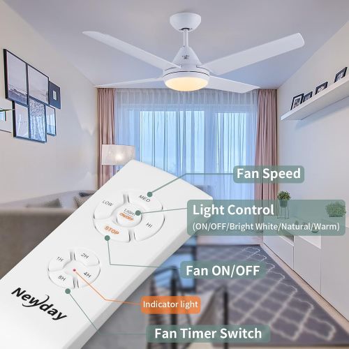  Newday Ceiling Fan with Lights and Remote, 48-in White Ceiling Fan with 4 Reversible Blades, Quit Motor, 3 Speed, Modern Ceiling Fan Adjustable Color Temperature, for Indoor/Outdoo