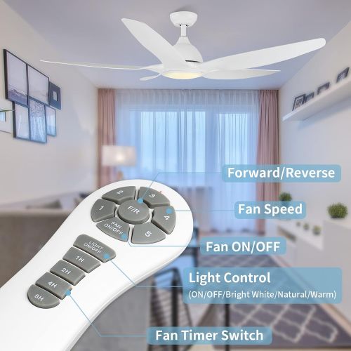  White Ceiling Fan, Newday 60 Ceiling Fans with Lights and Remote, Modern Large Ceiling Fans, Noiseless Reversible DC Motor, Big Indoor Ceiling Fans for Kitchen, Bedroom, Living Roo