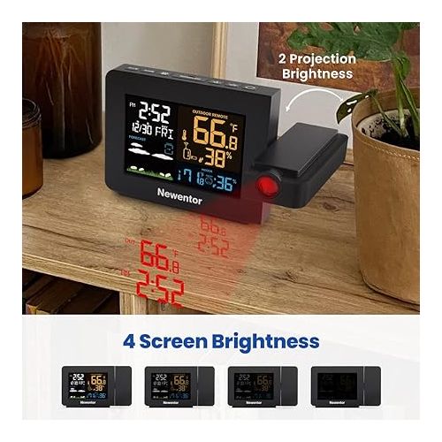  Newentor Projection Alarm Clock for Bedroom Ceiling, Atomic Projector Clocks with WWVB Function, Projecting Clock and Indoor Outdoor Temperature Humidity, Weather Forecast, Adjustable Backlight