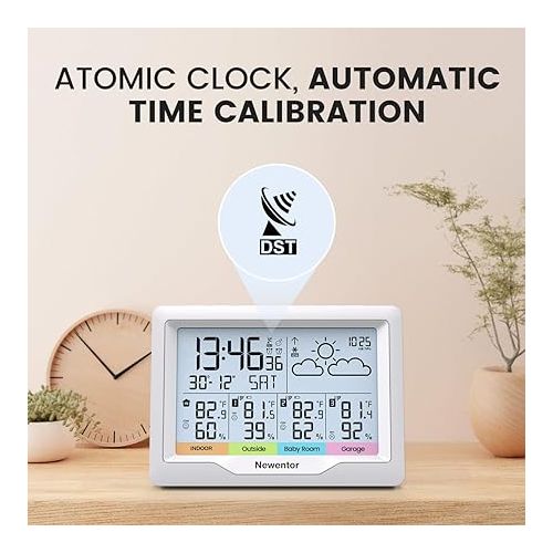  Newentor Weather Stations Wireless Indoor Outdoor Multiple Sensors, Indoor Outdoor Thermometer with Atomic Weather Clock Battery Powered, Temperature Humidity Monitor and Barometer for Home, White