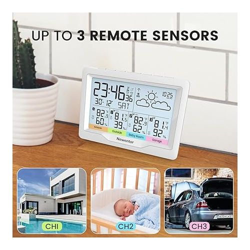  Newentor Weather Stations Wireless Indoor Outdoor Multiple Sensors, Indoor Outdoor Thermometer with Atomic Weather Clock Battery Powered, Temperature Humidity Monitor and Barometer for Home, White
