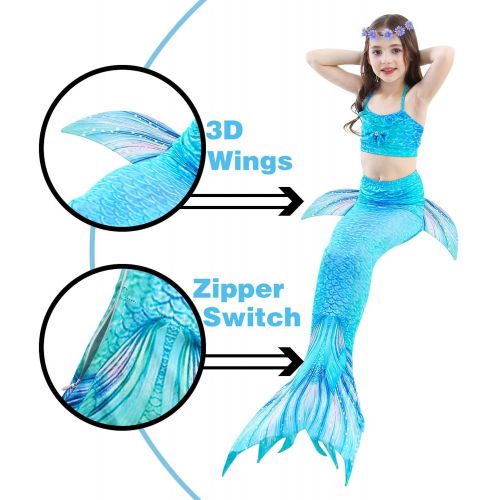  Newland 3 Pcs Girls Swimsuit Mermaid Tails for Swimming Princess Bikini Bathing Suit Set for 3-12Y