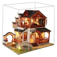 Newmind LED Light Wood Dollhouse Miniature with Plant Ornament Dustproof Cover Kit Cottage Model Puzzle Festival Gift
