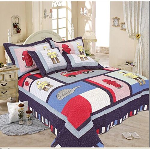  Newrara Childrens Cartoon Bedding / Boy Bedroom Bedding / Firemen Hydrant Fire Truck Bedding / Patchwork Quilt / 2 Pc Twin Size Quilt & Shams Set 70 *86in