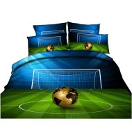 Newrara 3D Digital Boys Bedding 3D Soccer Ball in Front of Goal Printed Cotton 4-Piece Duvet Cover Sets (Queen, Green)