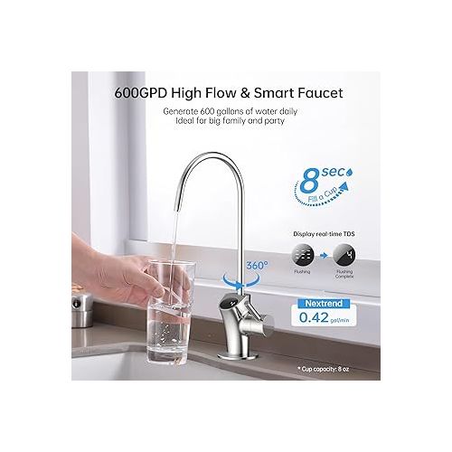  Tankless Reverse Osmosis System: 600 GPD RO Water Filter Under Sink with Smart Faucet for Kitchen Sink 7-Stage Undersink Drinking Filtration Purifier for Whole Home Fluoride 2:1 NSF 58/372