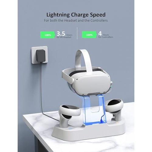  NexiGo Enhanced Charging Dock with LED Light for Oculus/Meta Quest 2, [Support Elite Strap with Battery], Headset Display Stand and Controller Mount, 2 Rechargeable Batteries, White