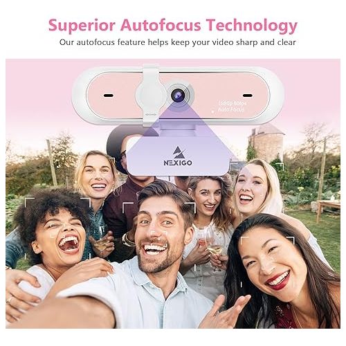  NexiGo N660P 1080P 60FPS Webcam with Software Control, Dual Microphone & Cover, Autofocus, HD USB Computer Web Camera, for OBS/Zoom/Skype/FaceTime/Teams/Twitch, Pink