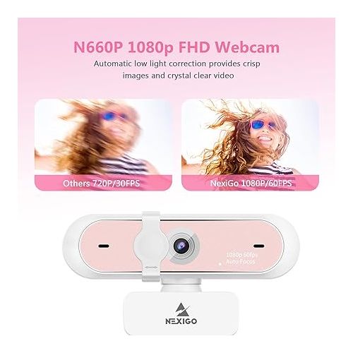  NexiGo N660P 1080P 60FPS Webcam with Software Control, Dual Microphone & Cover, Autofocus, HD USB Computer Web Camera, for OBS/Zoom/Skype/FaceTime/Teams/Twitch, Pink