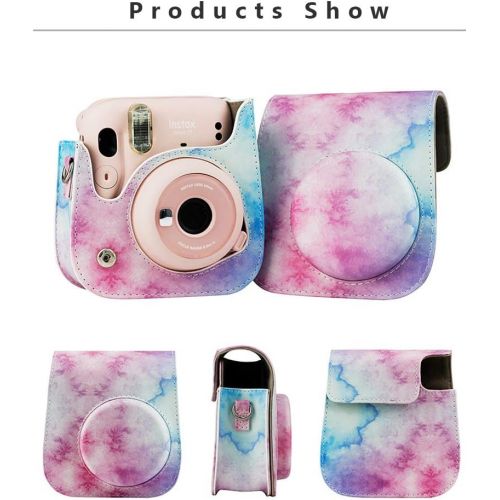  Ngaantyun Leather Camera Case Compatible with Fujifilm Instax Mini 11 Instant Camera with Adjustable Strap (Blue&Pink)