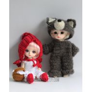 Nhimconshop Red Riding Hood and Wolf Clothes for BJD 1/8 Doll Overalls Wolf Hat and Basket Accessories Furniture Miniatures Crochet Knit Handmade