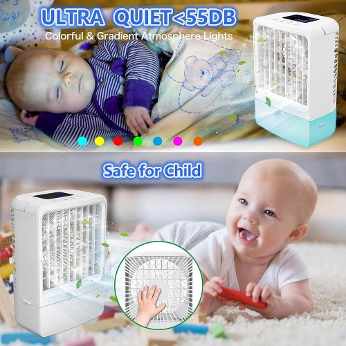  NiUB5 Portable Air Conditioner Fan, Portable AC Fan, Cooling Fans, Personal Air Cooler Mini with Timing, 7 Colors Light, 3 Speeds Quiet Air Humidifier, for Room, Home, Office