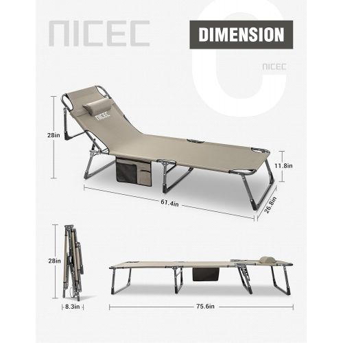  Nice C Folding Camping Cot, Lounge Chair, Sleeping Bed, 4-Reclining Position with Pillow & Storage Bag, Heavy Duty Holds Up to 250 Lbs，Lightweight, Comfortable for Outdoor&Indoor (