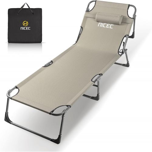  Nice C Folding Camping Cot, Lounge Chair, Sleeping Bed, 4-Reclining Position with Pillow & Storage Bag, Heavy Duty Holds Up to 250 Lbs，Lightweight, Comfortable for Outdoor&Indoor (