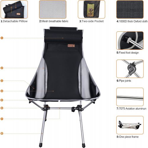  NiceC Ultralight High Back Folding Camping Chair, Upgrade with Removable Pillow, Side Pocket & Carry Bag, Compact & Heavy Duty for Outdoor, Camping (Set of 2 Black)
