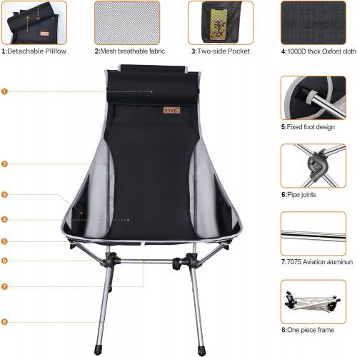  Nice C Ultralight High Back Folding Camping Chair, Upgrade with Removable Pillow, Side Pocket & Carry Bag, Compact & Heavy Duty for Outdoor, Camping (Set of 1 Black)