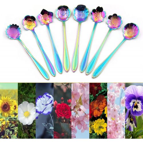  Flower Spoon Set, niceEshop(TM)Stainless Steel Teaspoon Colorful Coffee Spoon Tea Spoon Mixing Spoon Sugar Spoon, Set of 8, Rainbow