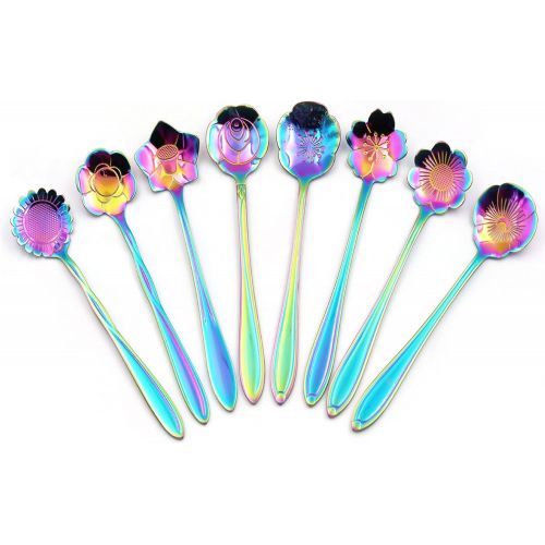  Flower Spoon Set, niceEshop(TM)Stainless Steel Teaspoon Colorful Coffee Spoon Tea Spoon Mixing Spoon Sugar Spoon, Set of 8, Rainbow