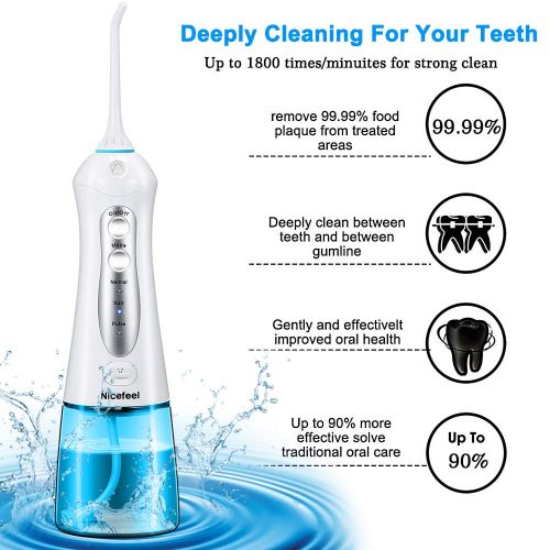  Cordless Water Flosser Teeth Cleaner, Nicefeel 300ML Portable and USB Rechargeable Oral Irrigator...