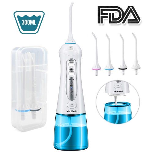  Cordless Water Flosser Teeth Cleaner, Nicefeel 300ML Portable and USB Rechargeable Oral Irrigator...