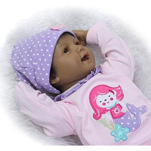  Nicery Reborn Baby Doll Indian African Dark Skin 22 inch 55 cm Soft Simulation Silicone Vinyl Cloth Body Magnetic Mouth Lifelike Vivid Boy Girl Toy for Ages 3+ Cloth Body ID55C009
